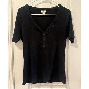 a.n.a a new approach Womens Black Ribbed Knit V-Neck Henley Top‎ Short Sleeve M